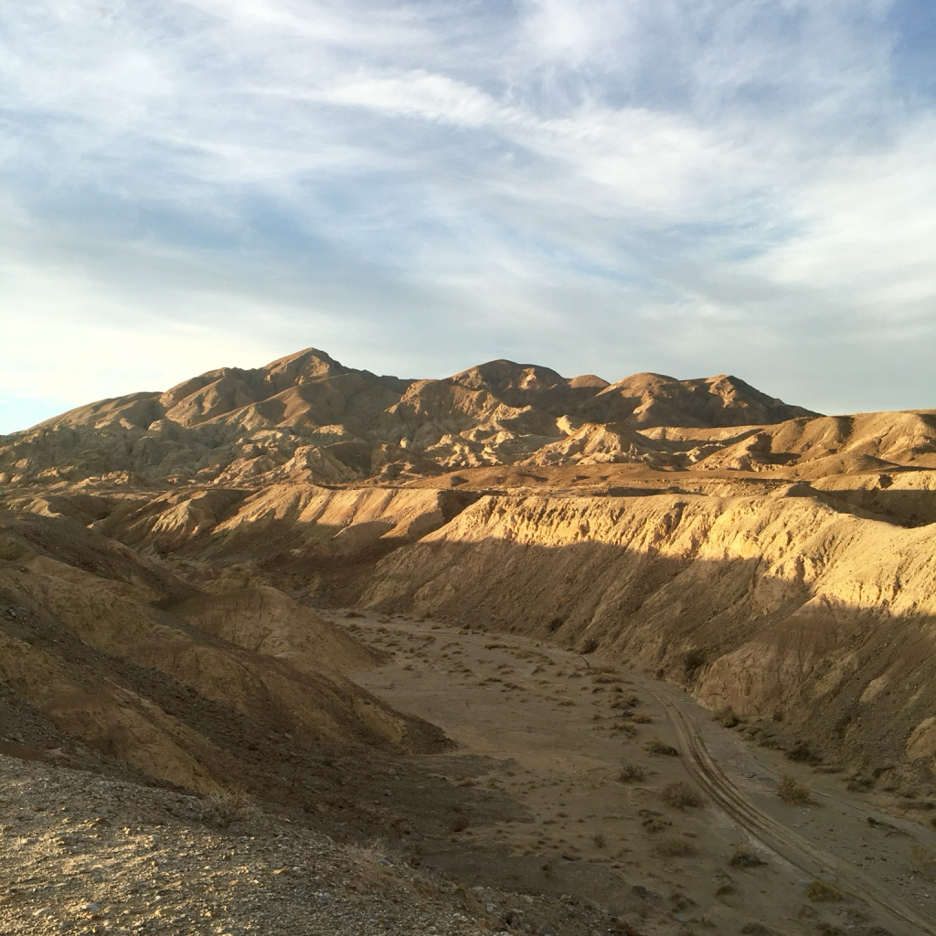 iPhone photo of a dramatic canyon in the desert with mountains rising in the background, the sky is full of wispy grey and white clouds