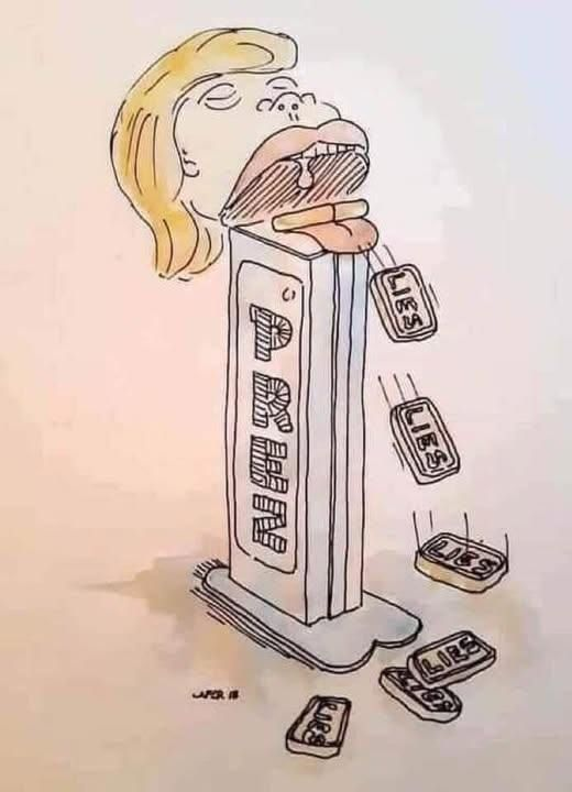 Cartoon depiction of the old Pez man candy dispenser, but in this drawing, it says Prez on the side and T's head is on top and instead of spewing pez, it spews LIES.