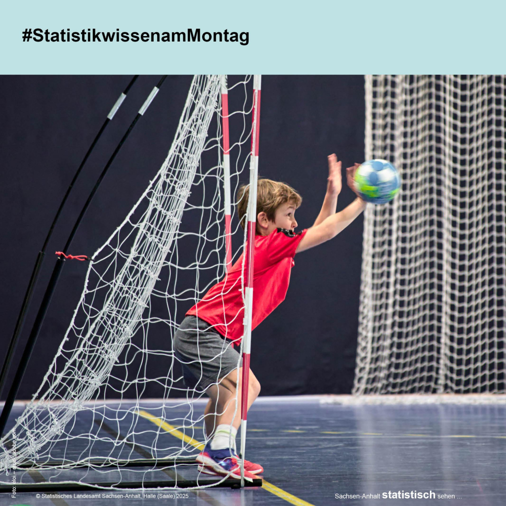 Foto eines Kindes, das im Tor steht und einen Handball abwehrt und Hashtag #StatistikwissenamMontag