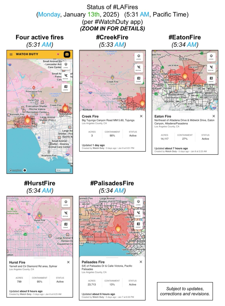 Screenshots of maps of the active Los Angeles fires (Monday, January 13th, 2025) (5:31 AM, Pacific Time) (from the Watch Duty mobile app).