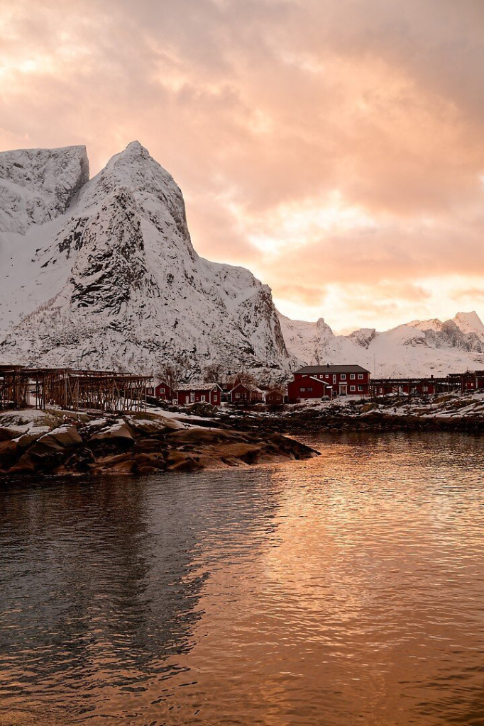 A snowy mountain glows under a warm, golden sunset sky, with vibrant hues reflecting on the calm water below. Traditional red Nordic houses and wooden racks in the foreground add rustic charm, enhancing the serene, picturesque landscape.