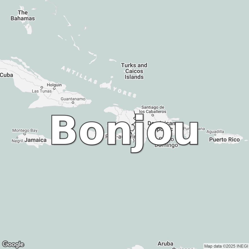 Map of Haiti overlaid with a translation of the word "hello": Bonjou.