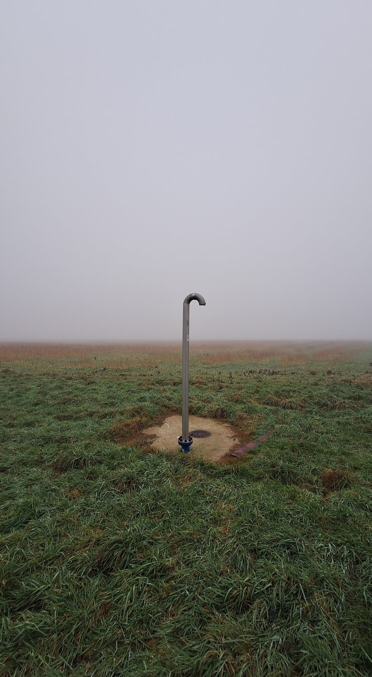 senkrechtes Wasserrohr mitten im Feld. Dahinter Nebel