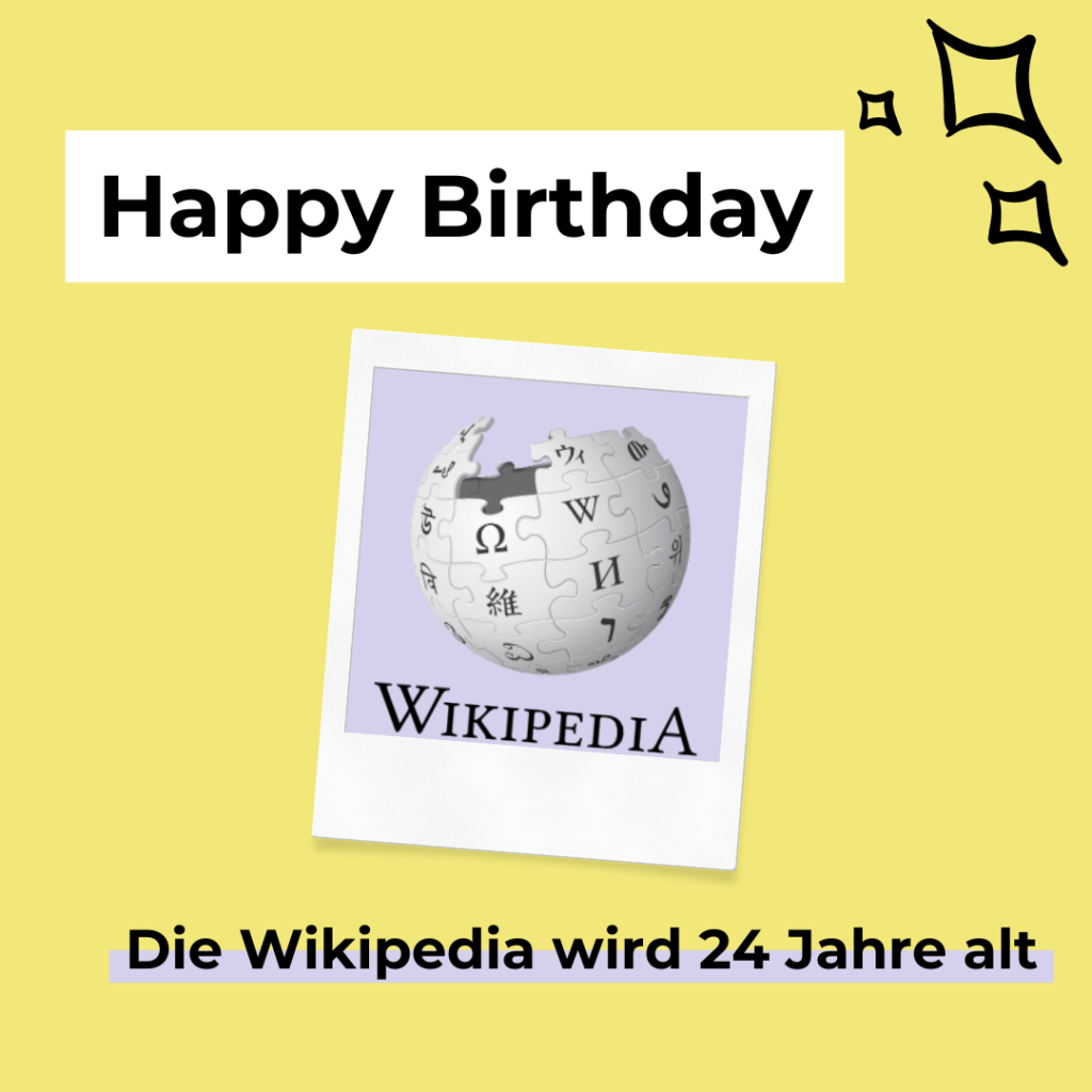 Bild mit Wikipedia-Logo und Schriftzug "Happy Birthday" und "Die Wikipedia wird 24 Jahre alt"  