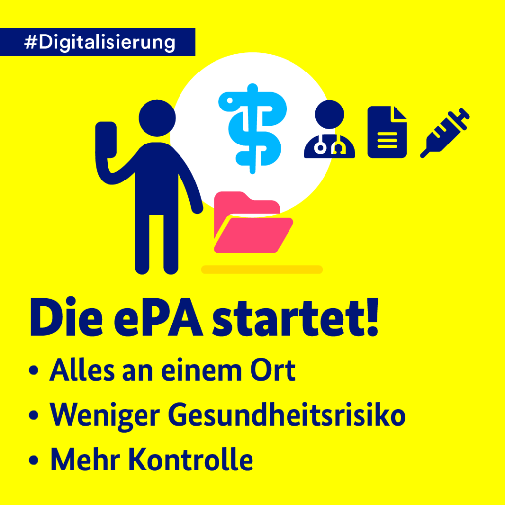 Auf der gelben Kachel steht auf einem dunkelblauen Banner in weißer Schrift "#Digitalisierung". Darunter steht ebenfalls in dunkelblauer Schrift "Die ePA startet!" Darunter sind die folgenden drei Vorteile der elektronischen Patientenakte aufgelistet: "Alles an einem Ort, Weniger Gesundheitsrisiko, Mehr Kontrolle". Außerdem sind medizinische Vektorgraphiken abgebildet.