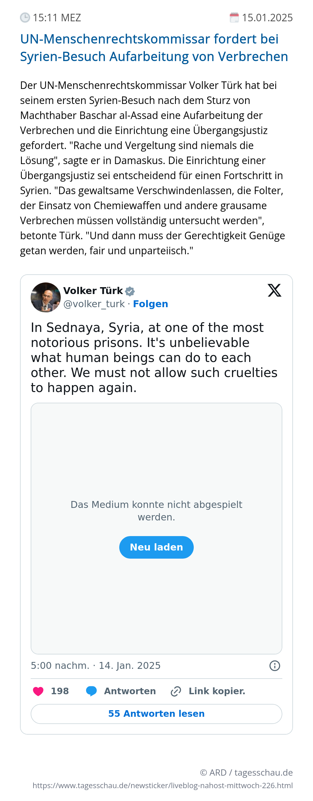 Screenshot eines tagesschau Liveblog Eintrags.