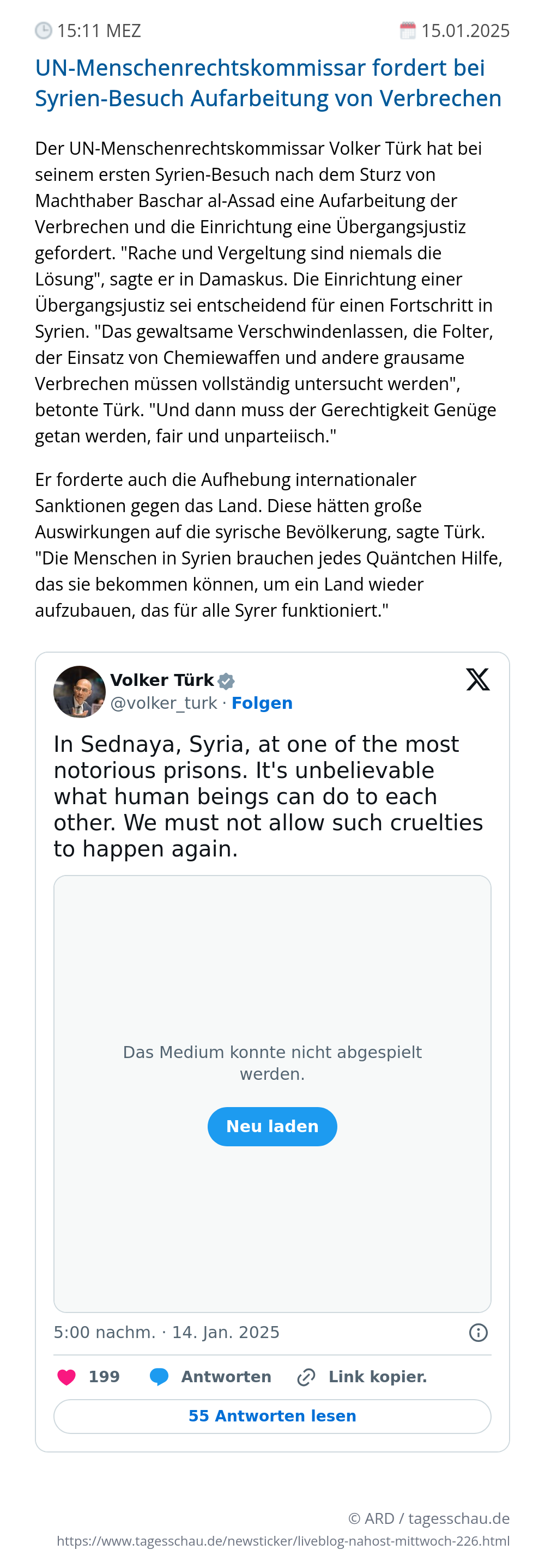 Screenshot eines tagesschau Liveblog Eintrags.