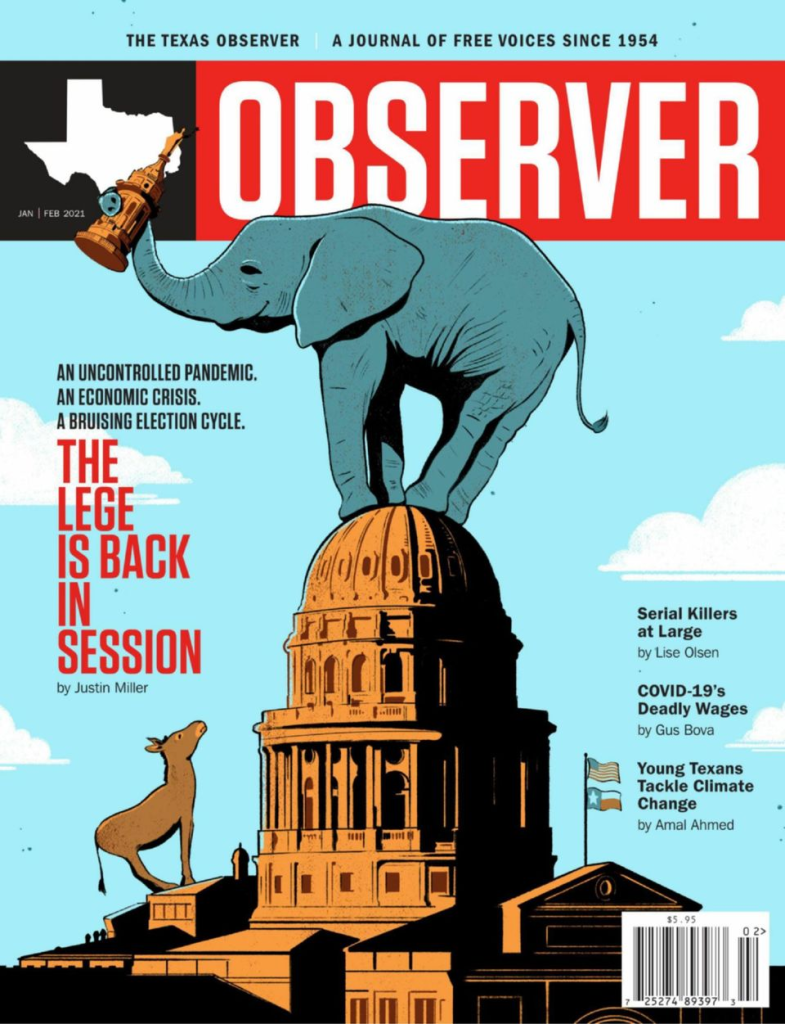 the cover of Texas Observer magazine from 2019, showing an elephant climbing on to the top of the Texas State Capitol building