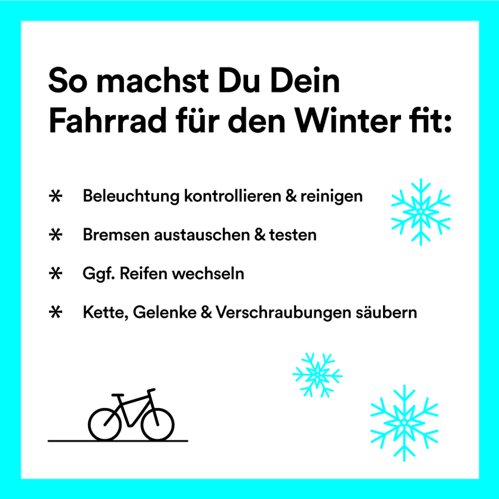 Auf der weißen Kachel steht in schwarz folgender Text: "So machst Du Dein Fahrrad für den Winter fit:". Darunter werden folgende Stichpunkte aufgeführt: "Beleuchtung kontrollieren & reinigen; Bremsen austauschen & testen; Ggf. Reifen wechseln; Kette, Gelenke & Verschraubungen säubern". Die Grafik verfügt über einen türkisen Rahmen. Außerdem wurden die Vektorgrafiken eines Fahrrads sowie Schneeflocken eingefügt.