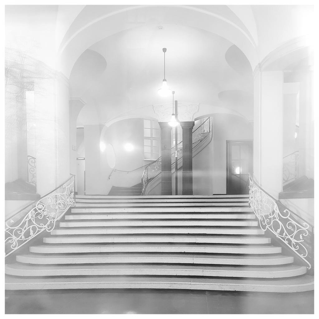 Quadratisches Schwarz-Weiß-Foto mit weißem Rand. Blick auf eine breite Treppe mit verschnörkelten Metallgeländern an beiden Seiten. Die Decke ist gewölbt und ruht auf Säulen. Da die Glasscheibe, durch die das Treppenhaus betrachtet wird, verschmutzt ist, hat das ganze Bild einen Schleier, es gibt wenig Kontrast und das Bild wirkt zart und neblig. 