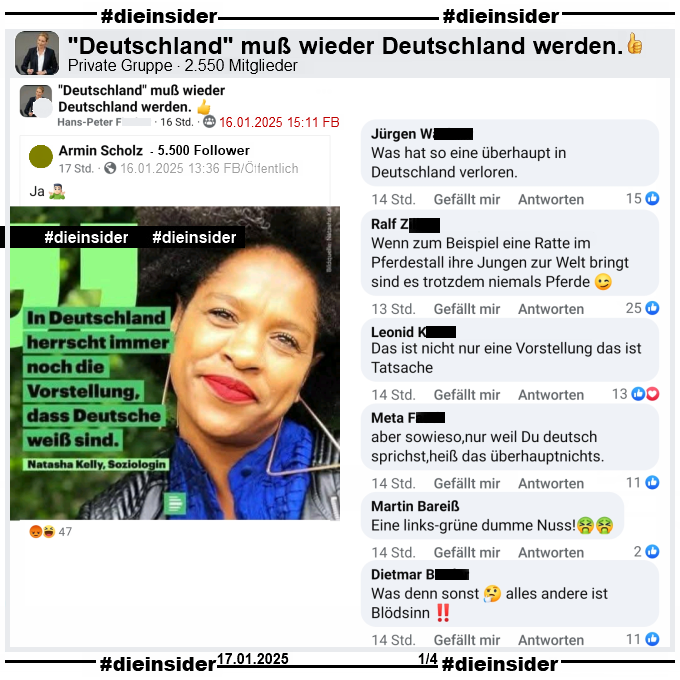 In der Gruppe "Deutschland muß wieder Deutschland werden." wird ein Bild vom 17.03.2021 des Deutschlandfunk Nova geteilt. Darauf zu sehen ist die Soziologin Natasha Kelly mit ihrem Zitat "In Deutschland herrscht immer noch die Vorstellung, dass Deutsche weiß sind.".

Wir zeigen auf Slide 1 die Kommentare "Was hat so eine überhaupt in Deutschland verloren.", "Wenn zum Beispiel eine Ratte im Pferdestall ihre Jungen zur Welt bringt sind es trotzdem niemals Pferde.", "Das ist nicht nur eine Vorstellung das ist Tatsache.", "aber sowieso, nur weil Du deutsch sprichst, heiß das überhauptnichts.", "Eine links-grüne dumme Nuss!" und "Was denn sonst alles andere ist Blödsinn!"
