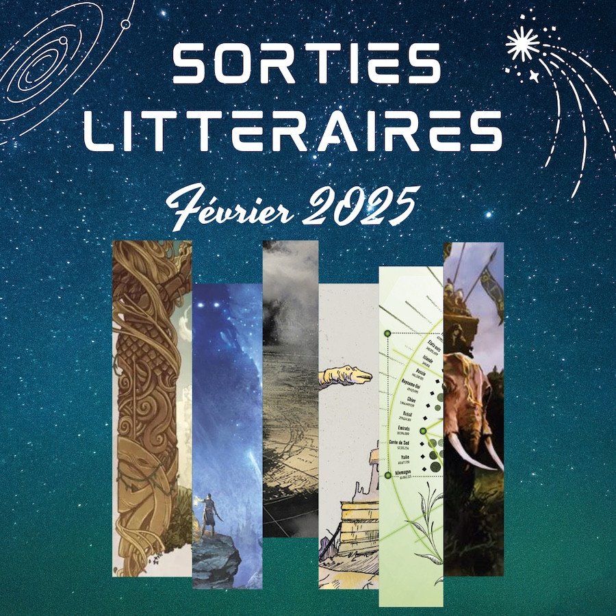 Fond étoilé avec écrit « Sorties Littéraires Février 2025 » et des bandes verticales extraites des illustrations de couverture des titres présentés dans l’article.