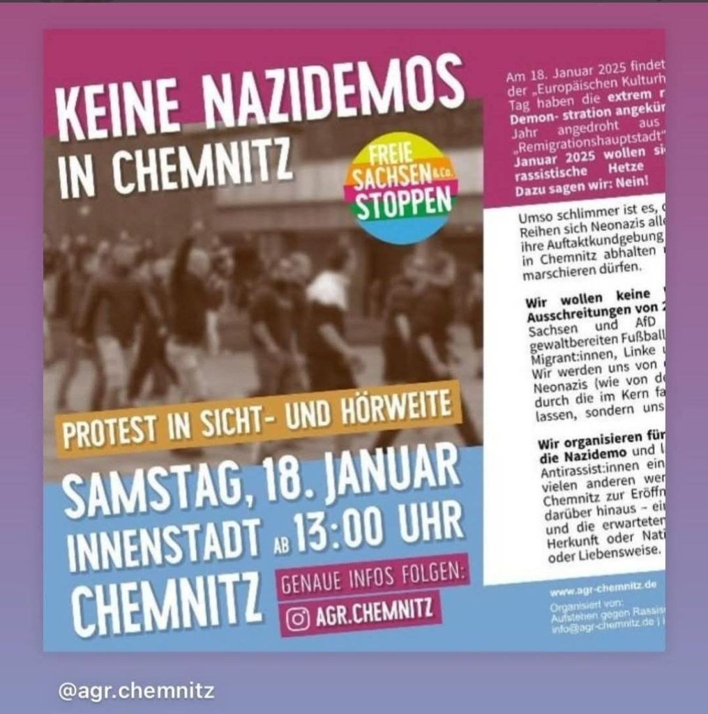 Plakat zur Demo morgen in Chemnitz 

13:00 Innenstadt 