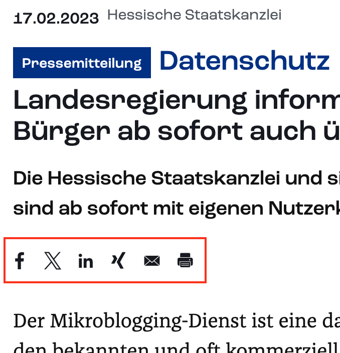 Screenshot-Ausschnitt des verlinkten Artikels, in dem die Optionen zum Teilen hervorgehoben sind.
Es werden angeboten:
* facebook
* X (aka Twitter)
* LinkedIn
* Xing
* E-Mail
* Ausdrucken