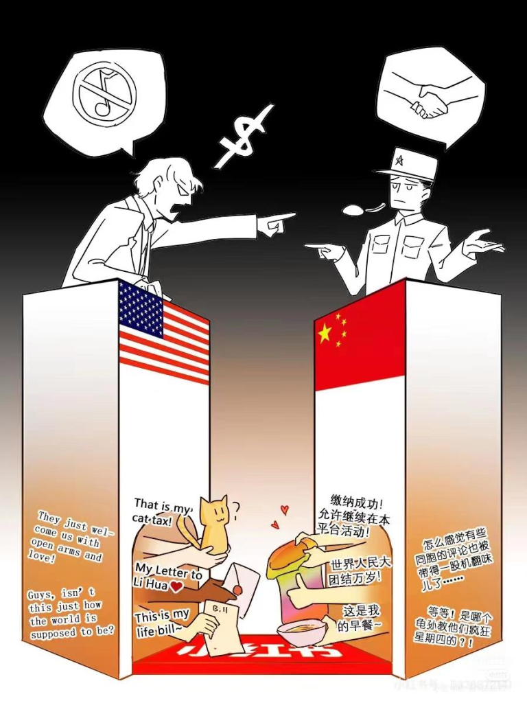 America and China, represented by two individuals, stand atop vertical pillars with their respective countries' flags in them. The American signifies that they want TikTok banned, while the Chinese man signifies that they want solidarity. Below them at the bottom of their pillars are hands meant to represent their citizens befriending each other by sharing intrests and talking in REDnote. The American hands say things like, "They welcome us with open arms and love" and "Guys, isn't this just how the world is supposed to be?"