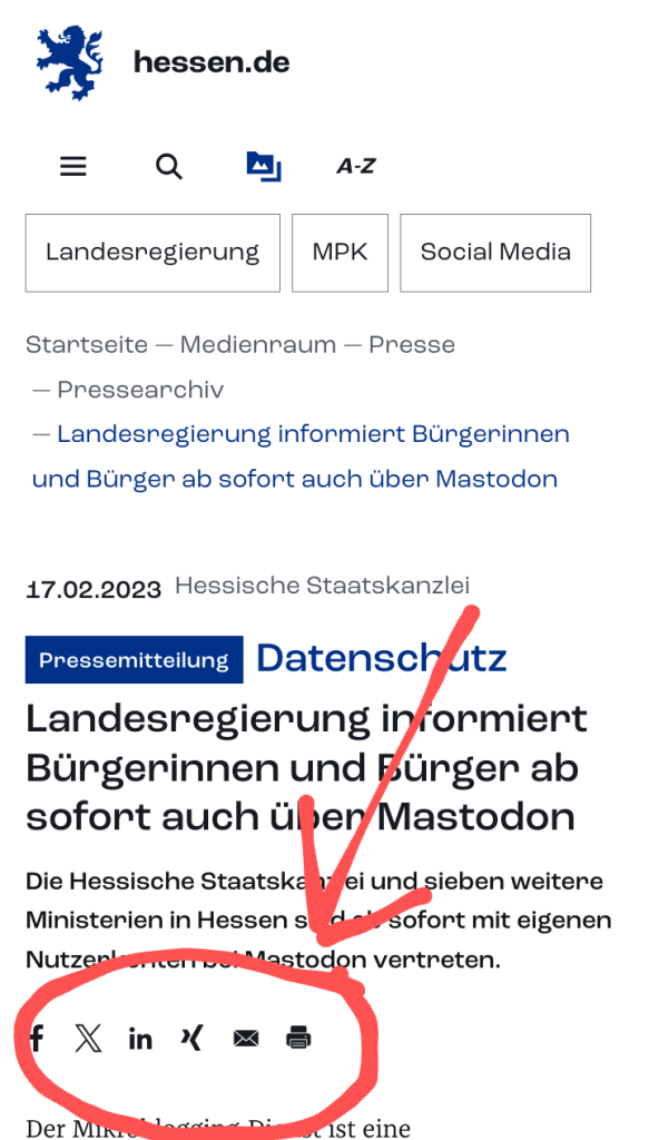 Screenshot des Artikels über den eigenen Mastodon Host. Darunter nur die möglichkeit den Artikel auf X, Facebook & co zu posten.