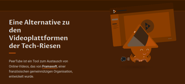 Eine Alternative zu den Videoplattformen der Tech-Riesen. PeerTube ist ein Tool zum Austausch von Online-Videos, das von Framasoft, einer französischen gemeinnützigen Organisation, entwickelt wurde. - daneben Perrtubes Maskottchen Sepia