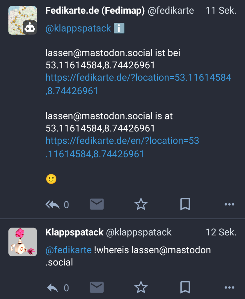 Screenshot einer DM Kommunikation mit dem fedikarte-Bot. Die Position eines Accounts wird angefordert. Der Bot antwortet mit 2 Positionslinks 