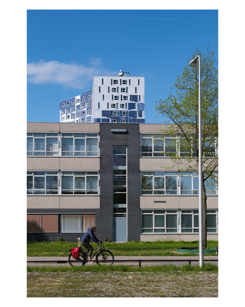 Ein hochkantes Foto voller Symmetrie. Eine Person fährt auf einem Fahrrad von links nach rechts durchs Bild, vor der Straße ist Gras, dahinter ein gewerbliches Gebäude. Das Gebäude hat links und rechts Fensterreihen, in der Mitte, dunkler, ein Treppenhaus unten ist der Eingang des Hauses. Dies ist auch mittig im Bild, hinter dem Gebäude ist ein weiteres, höheres Gebäude, genau über dem Treppenhaus. Rechts im Bild, parallel zum Bildrand ist eine Straßenlaterne auf der rechten Seite der Straße. Auf der linken Seite der Straße steht ein Baum, der Stamm wird genau von der Straßenlaterne abgedeckt. 