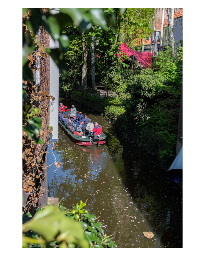 Foto im Hochformat. Blick von oben auf einen Kanal. Ein Boot mit Touristen fährt gerade aus dem Bild. Der Kanal ist umgeben von vielen grünen und roten Pflanzen. 