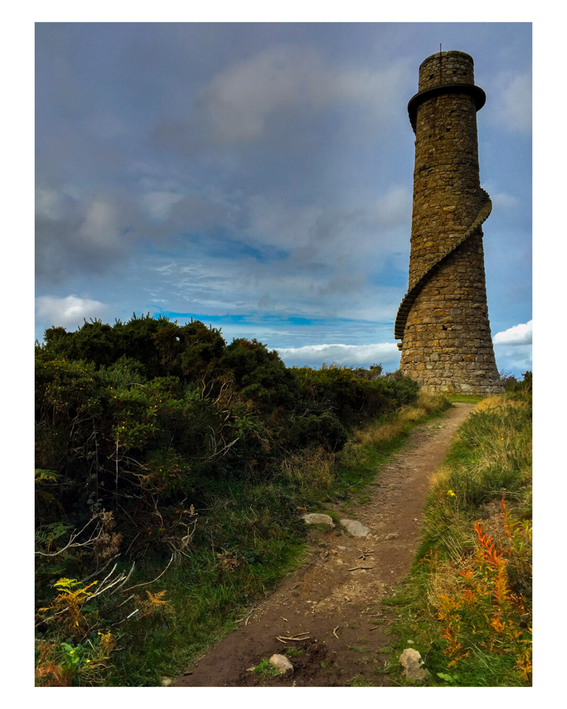 Foto im Hochkantformat. Ein brauner Trampelpfad, der durch Wiese und Büsche geht, führt zur Ruine eines hohen, aus Steinen errichteten Schornstein. Außen an diesem Schornstein geht spiralförmig eine Treppe empor. Der Himmel ist bewölkt. 