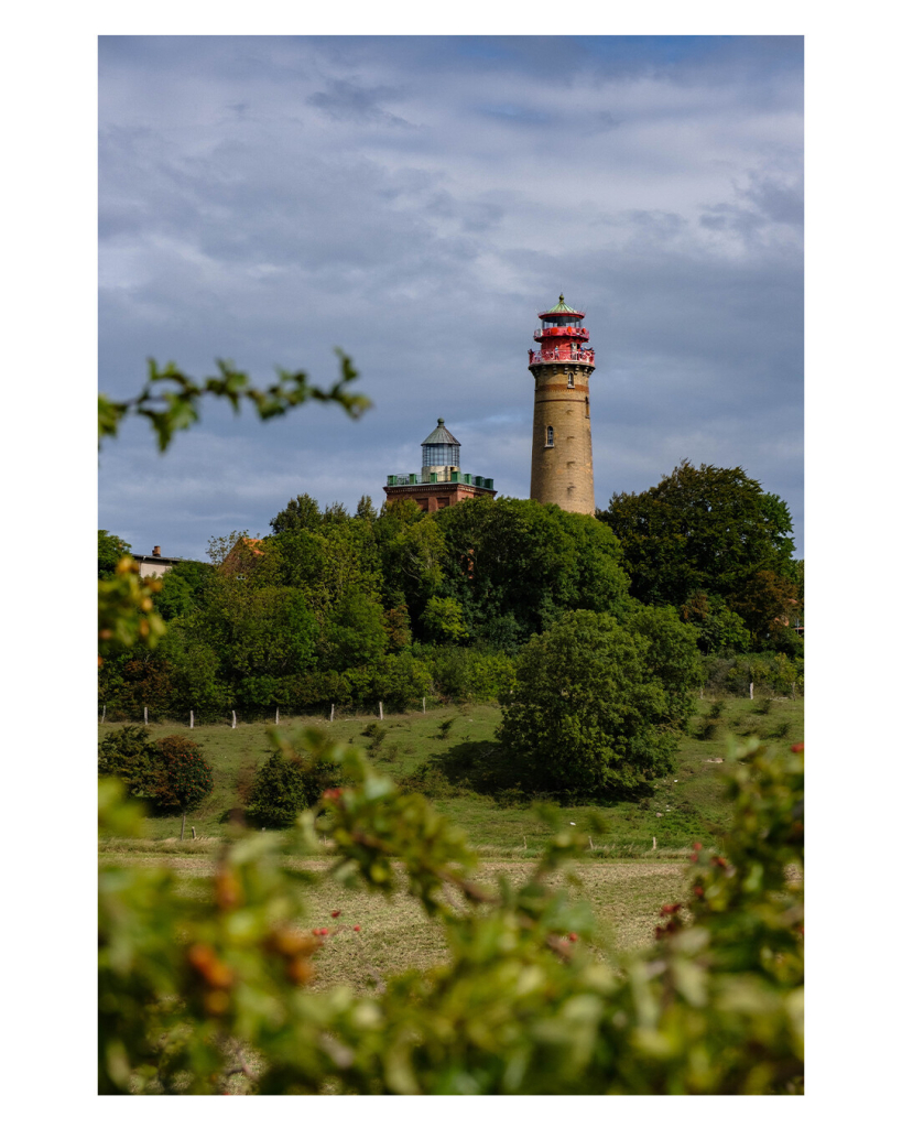 Foto im Hochformat. Blick über Wiesen, Büsche und Bäume auf zwei Leuchttürme am Horizont. Ein brauner, grösserer runder, mit roter Spitze an der eine Aussichtsplattform ist. Daneben ein kleinerer rechteckiger, auf dem ein rundes gläsernes Gebäude ist. Der Himmel ist bewölkt. 