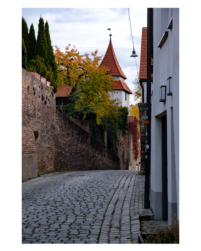 Foto im Hochformat. Eine Kopfsteinpflasterstraße, rechts sind Häuser, links ist eine hohe Mauer. Oben auf der Mauer sind grüne Büsche und ein Baum mit grün gelb roter Baumkrone. Hinter der Baumkrone ist die Spitze eines Turmes mit rotem Dach. Der Himmel ist bewölkt. 