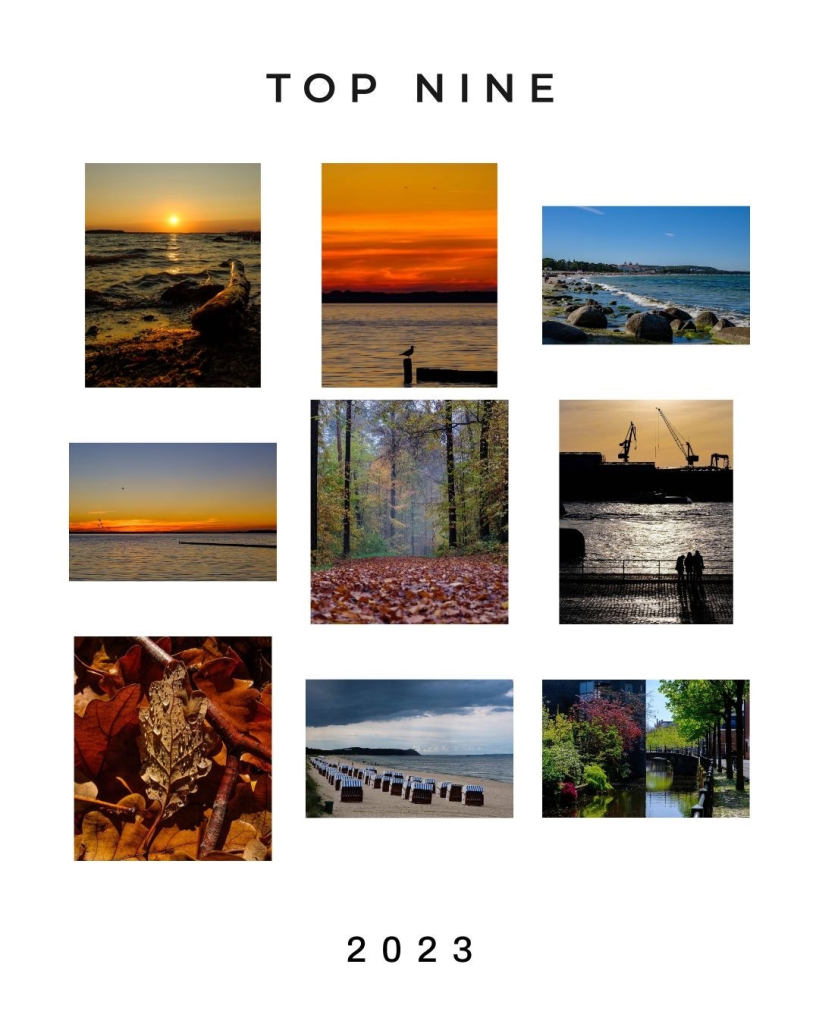 Meine 9 Bilder mit den meisten Likes auf Instagram. Drei Sonnenuntergänge, zwei mal Ostseestrand, der Hamburger Hafen, ein Blatt auf dem herbstlichen Waldboden, ein nebliger Herbstwald und eine Gracht in den Niederlanden. 