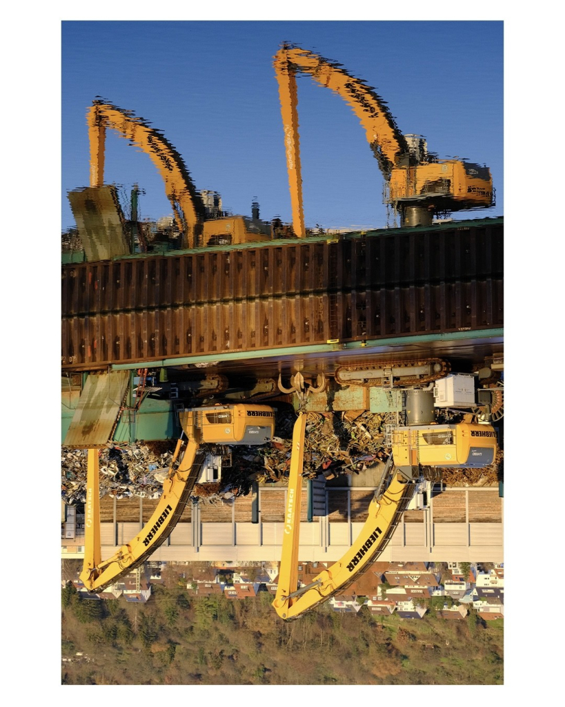 Foto im Hochformat. Zwei knallgelbe Bagger auf einem Schrottplatz, der sich direkt neben einem Fluss befindet. Beide Bagger spiegeln sich im nur leicht gekräuselten Wasser. Das Bild ist auf den Kopf gedreht, so dass die Spiegelung oben ist. Beide Bagger sind gleich ausgerichtet, zusammen mit der jeweiligen Spiegelung sieht es aus wie zwei große Buchstaben D nebeneinander. 