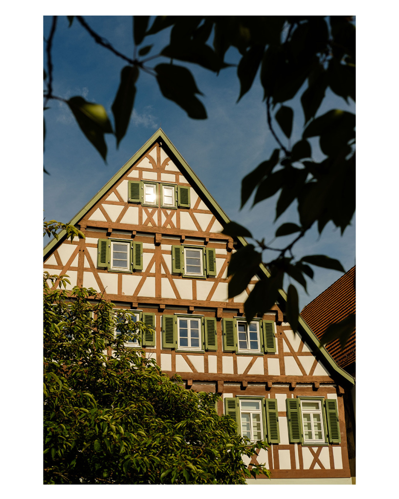 Foto im Hochformat. Fassade eines Fachwerkhauses. Weisser Putz, braune Balken, weiße Fensterrahmen, grüne Fensterläden. Vor dem Haus ist ein Baum, der das Haus teilweise verdeckt. Im Vordergrund ragen Blätter ins Bild, die das Haus einrahmen. Der Himmel ist strahlend blau. 