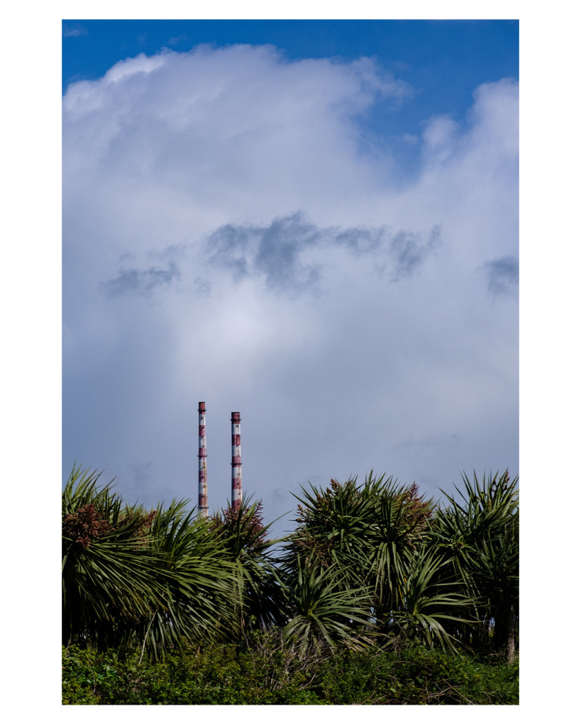 Foto im Hochformat. Im unteren Teil sind Palmen, dahinter sind Wolken, ganz oben ist der blaue Himmel. Hinter den Palmen ragen zwei rot weiß gestreifte Schornsteine hervor. 