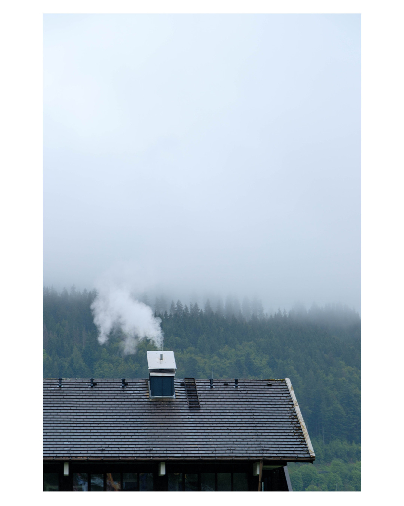 Foto im Hochformat. Teleaufnahme des Daches eines Hauses. Aus dem Schornstein kommt eine Rauchwolke, die direkt in den nebelverhangenen Himmel übergeht. Hinter dem Haus ist Wald, ebenfalls vom Nebel bedeckt. 