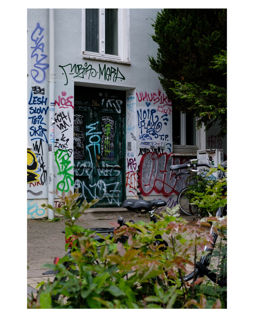 Foto im Hochformat. Im Vordergrund ragt Gebüsch ins Bild, dahinter ist ein Hauseingang, weiße Mauern, grüne Türe. Alles ist übersähet mit verschiedenfarbigen Graffiti, überwiegend Worte. 