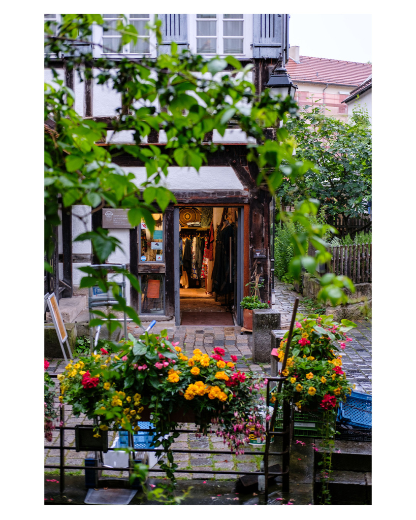 Foto im Hochformat. Im Vordergrund ragen Äste mit grünen Blättern ins Bild. Sie sind unscharf. Weitere unten ist ein Geländer mit Blumentrögen mit bunten Blumen. Dahinter ist eine Fußgängerzone. In einem Fachwerkhaus ist die Tür zu einem Laden geöffnet. Darin sind Kleiderständer. 