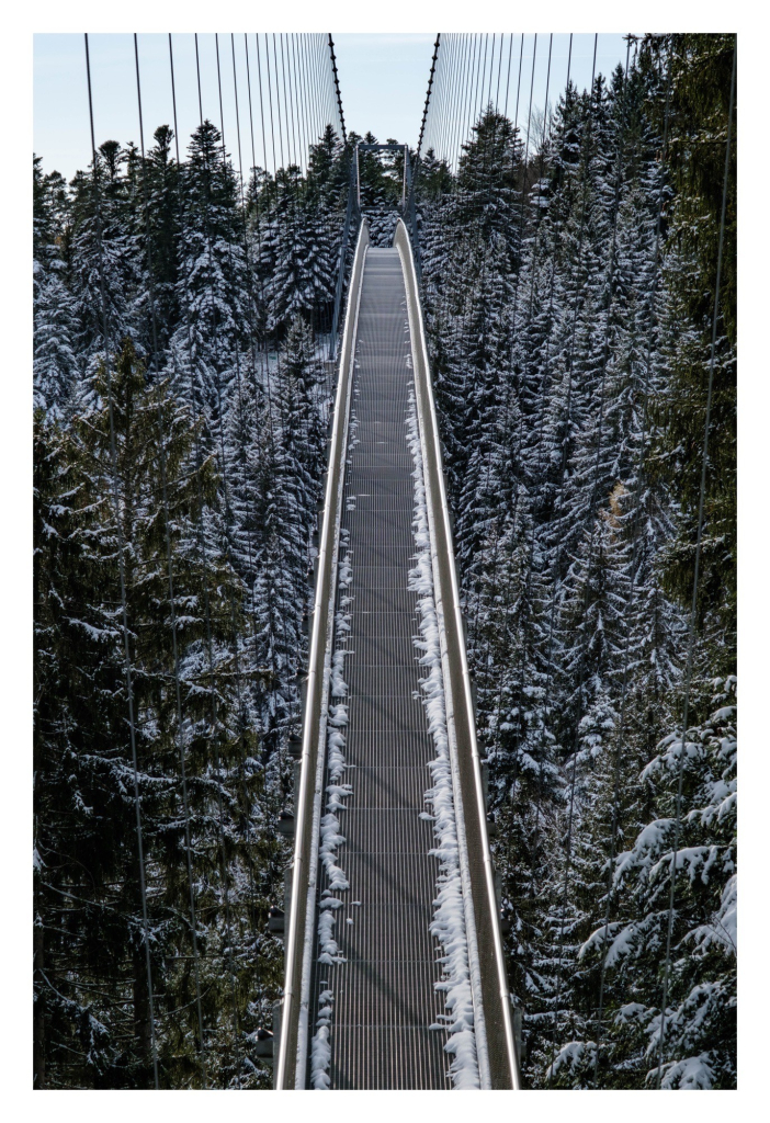 Foto im Hochformat. Blick von oben auf eine lange Hängebrücke aus Stahl für Fußgänger. Unter der Brücke ist ein verschneiter Nadelbaumwald. Die Brücke ist mit vielen Stahlseilen befestigt. Sie verläuft mittig von unten nach hinten durchs Bild. Auf der Brücke ist ebenfalls Schnee. 