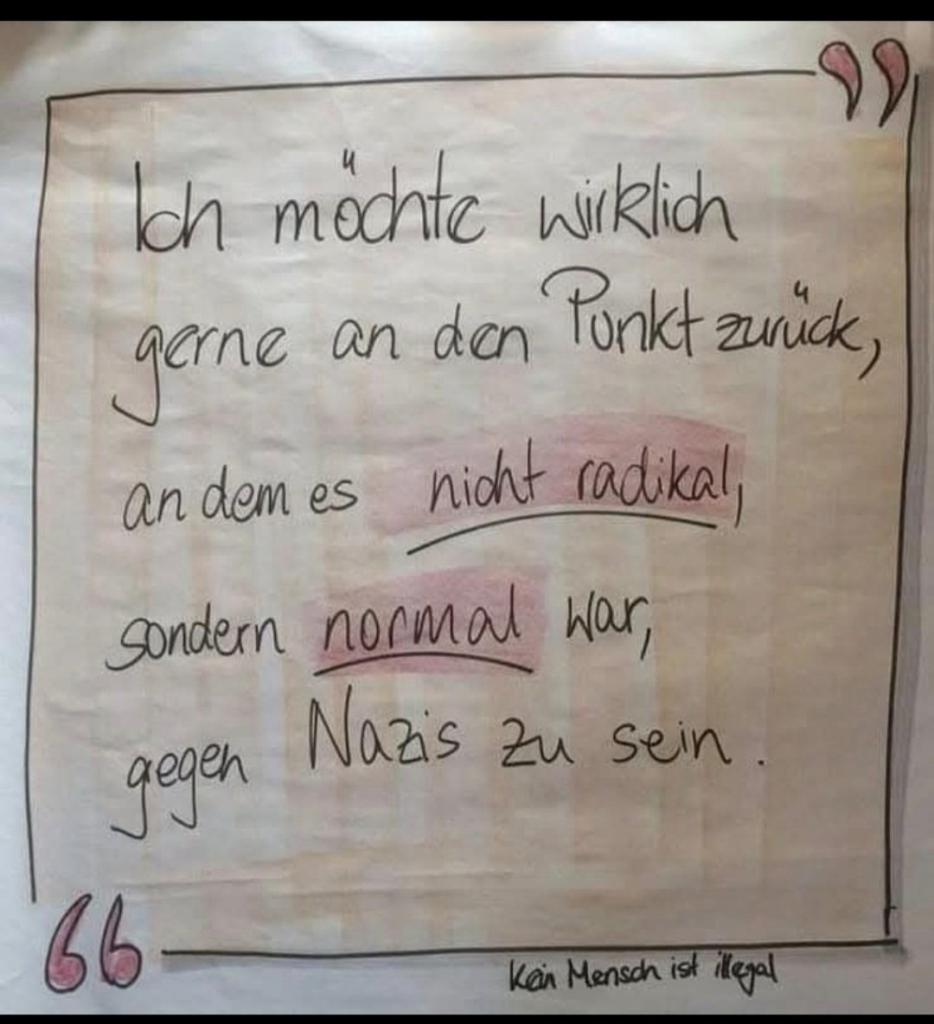 Ich möchte wirklich gerne an den Punkt zurück, an dem es nicht radikal, Sondern normal war, gegen Nazis zu sein. Kein Mensch ist illegal