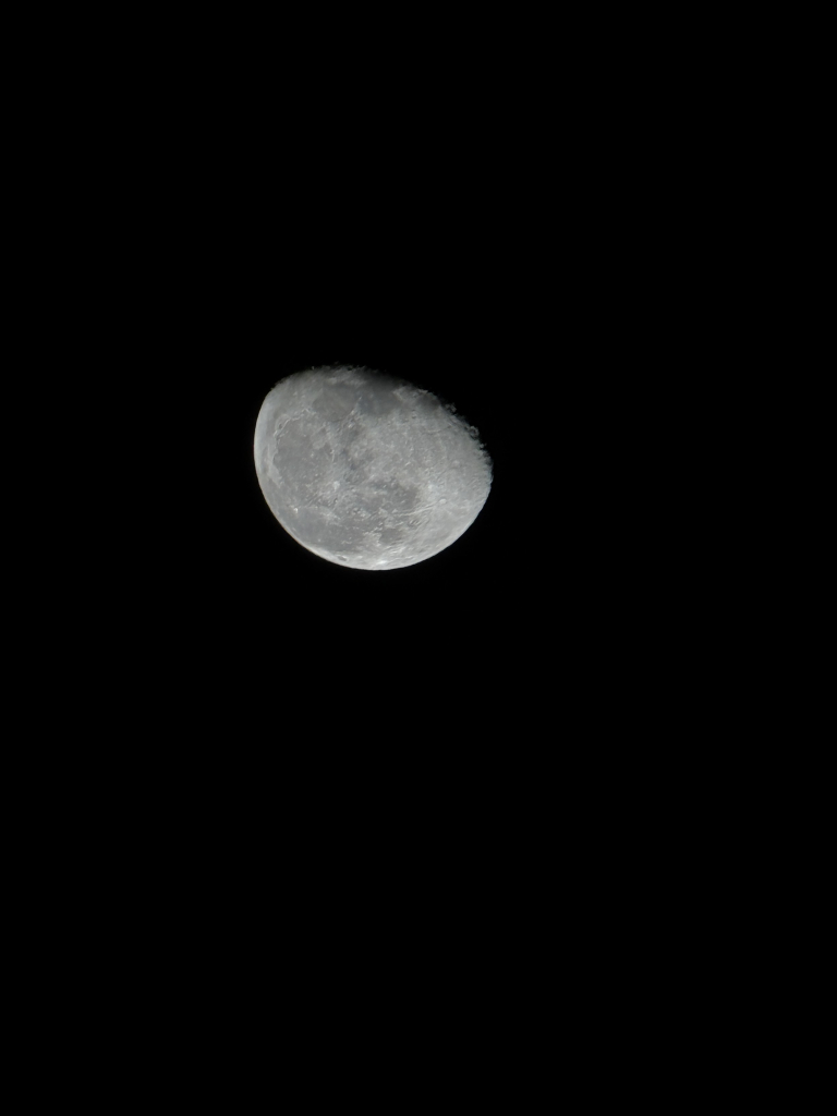 A pitch black photo, except for the moon in the center. It is a few days after the full moon, so it has begun to wane a bit. The details of the moons surface are visible, showing craters and lines. It’s a tad blurry, and not the most detailed image out there, but it still looks great.