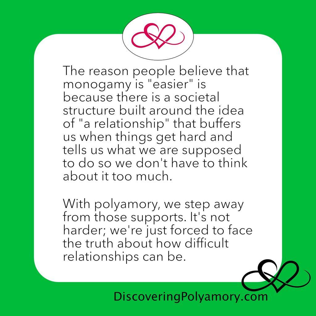 The reason people believe that monogamy is "easier" is because there is a societal structure built around the idea of "a relationship" that buffers us when things get hard and tells us what we are supposed to do so we don't have to think about it too much. 
 
With polyamory, we step away from those supports. It's not harder; we're just forced to face the truth about how difficult relationships can be. 
