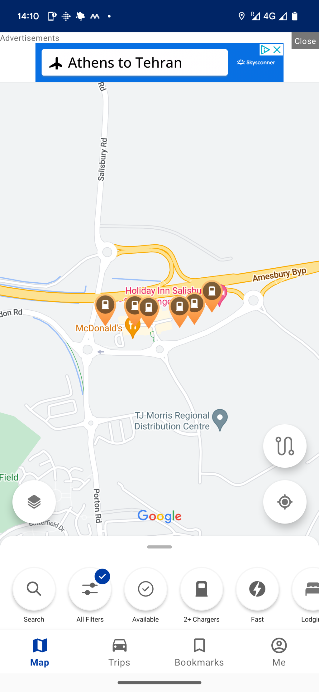 Screenshot from the PlugShare mobile app showing a cluster of 6 EV fast charging sites next to the A303 at Amesbury.