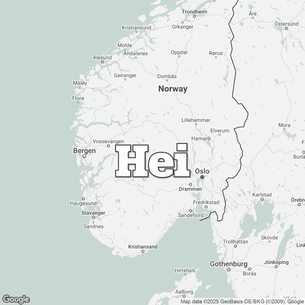 Map of Norway overlaid with a translation of the word "hello": Hei.