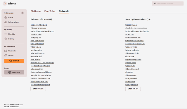 screenshot of the "Network"-tab in #Peertube showing one list "Followers of tchncs (45)" and another one "Subscriptions of tchncs (29)"