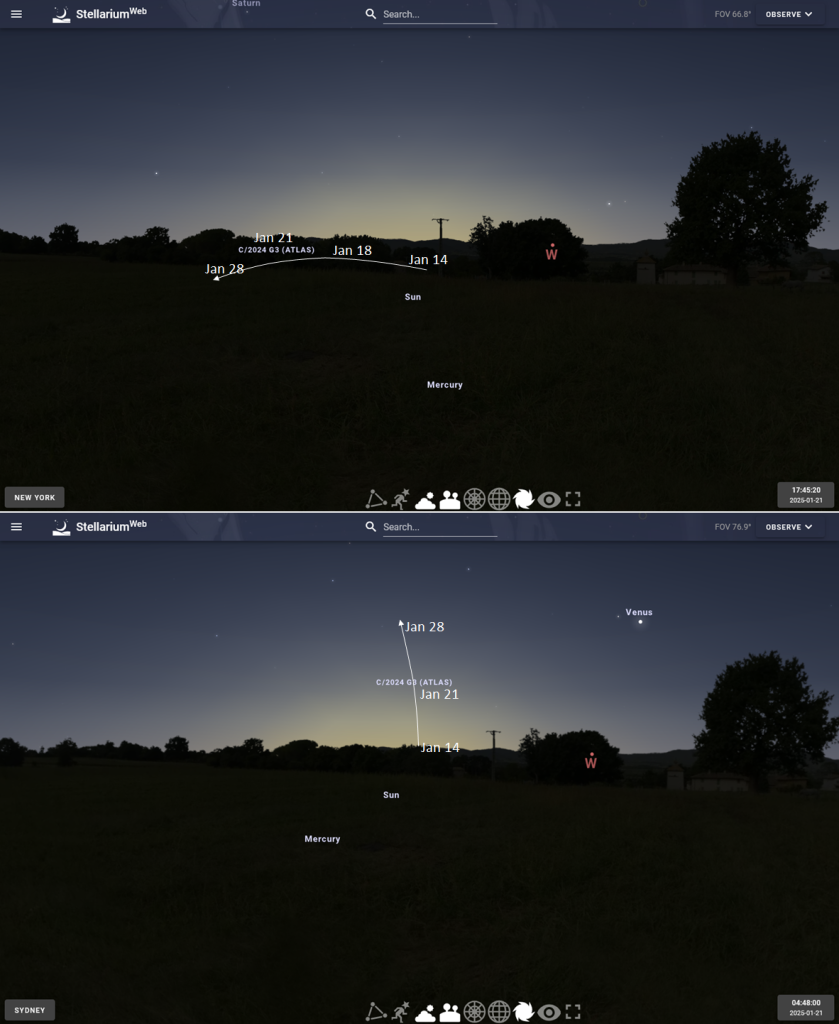 1. Night sky at dusk as seen from New York, with comet C/2024 G3 (ATLAS) located to the left of the Sun.
2. Night sky at dusk as seen from Sydney, with comet C/2024 G3 (ATLAS) located above the Sun.