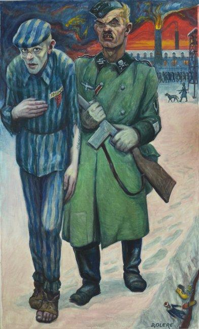 Artwork by a Jewish artist David Olère depicting a concentration camp prisoner in striped uniform and a Nazi officer in green uniform walking together.