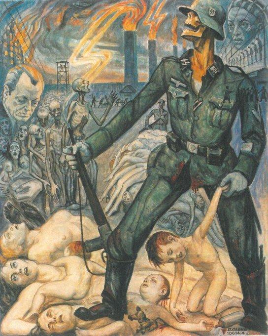 Painting a Jewish artist David Olère depicting a sinister figure in uniform surrounded by chaos, suffering, and apocalyptic imagery, reflecting themes of oppression and human despair.