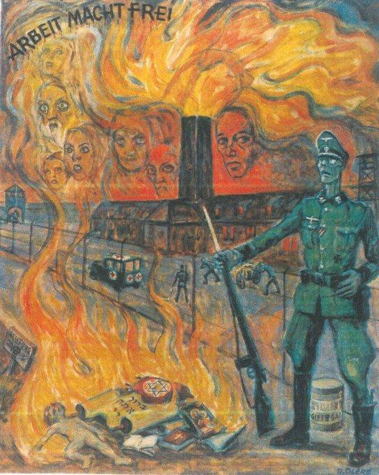 Artistic representation featuring the phrase 'Arbeit macht frei', by a Jewish artist David Olère.