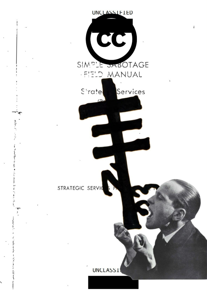 Digital collage using simple sabotage manual as the background, resistance International sigil center with john heartfield and a creative commons commando