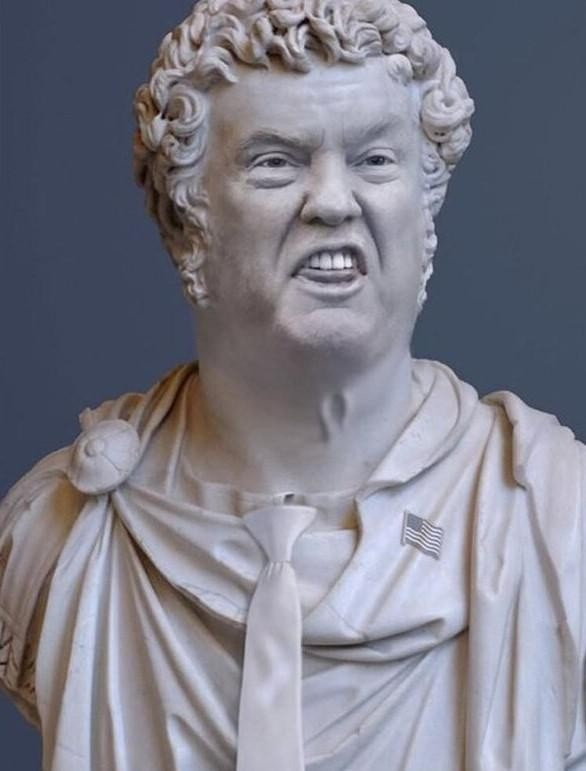 Imperial statue of a sneering Trump with a tie and a US flag pin.
It looks as if it's carved from marble.