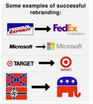 Corporations that have changed their logos.
Listed are Federal Express, Microsoft, Target, and the Republican Party.
The "before" image of the Republicans is a Confederate flag on top of a Nazi flag. The "after" image is the Republican red, white, and blue elephant.