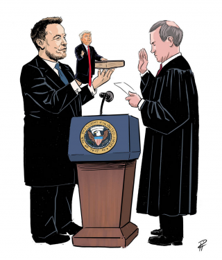 Cartoon:
Standing to the right of the presidential lectern, Elon Musk holds a hand puppet that has one hand on the swearing-in Bible, while SCOTUS Chief Justice Roberts administers the oath of office.