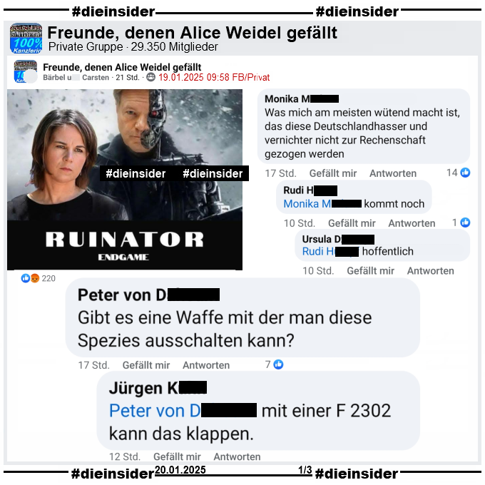 In der Gruppe "Freunde, denen Alice Weidel gefällt" wird ein Bild geteilt, auf dem man Annalena Baercock und Robert Habeck als Terminator sieht. Dazu steht "Ruinator Endgame"!

Wir zeigen auf Slide 1 u.a. die Kommentare "Gibt es eine Waffe mit der man diese Spezies ausschalten kann?" mit der Antwort "mit einer F 2302 kann das klappen." und "Was mich am meisten wütend macht ist, das diese Deutschlandhasser und vernichter nicht zur Rechenschaft gezogen werden." mit den Antworten "kommt noch." und "hoffentlich." 
